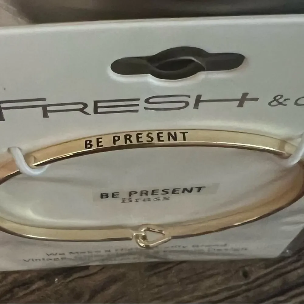 New Fresh & Co Gold Hook Bangle Bracelet  - “Be Present” Engraving